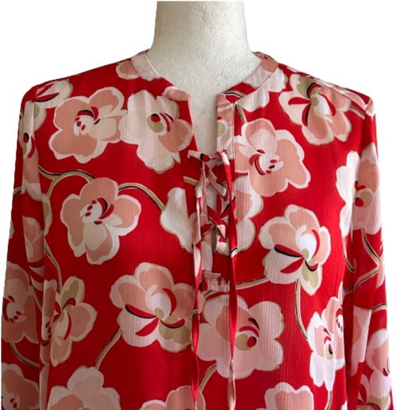 Rafaella Blouse Red Floral Tie Front Rolled Tab Sleeve Blouse Top Medium NEW - Picture 4 of 15